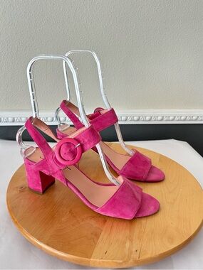 Anna F. Fuchsia Suede Block Heel Sandals with Round Buckle Retro Size 9